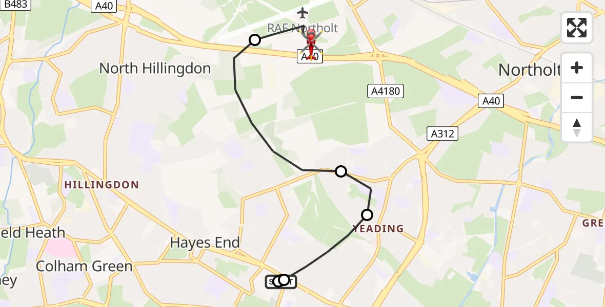 Flight route Air Ambulance Helicopter Hayes - RAF Northolt, 12 July 2026, 07:41