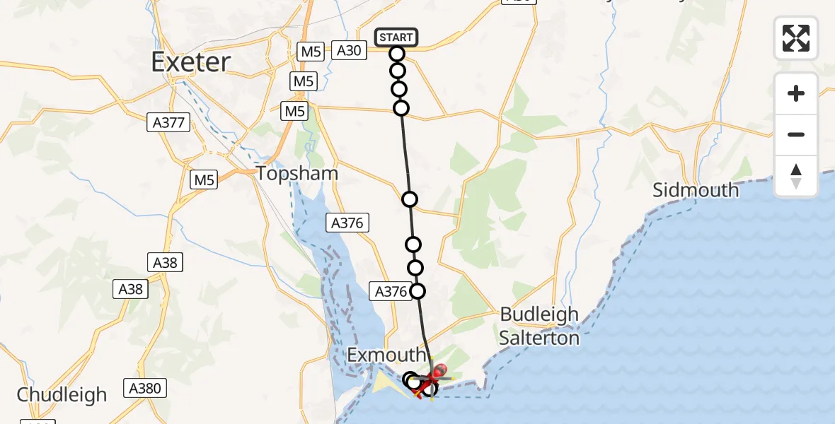 Flight route Air Ambulance Helicopter Exeter International Airport - Exmouth, 12 July 2026, 07:55