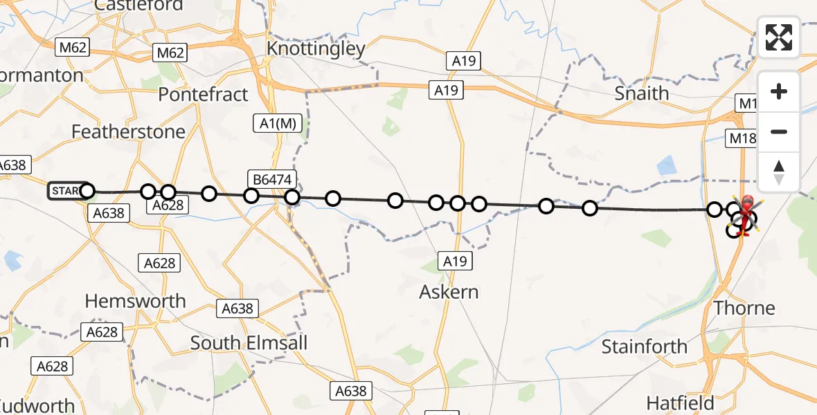 Flight route Air Ambulance Helicopter YAA Nostell Helicopter Port - Moorends, 12 July 2026, 08:38