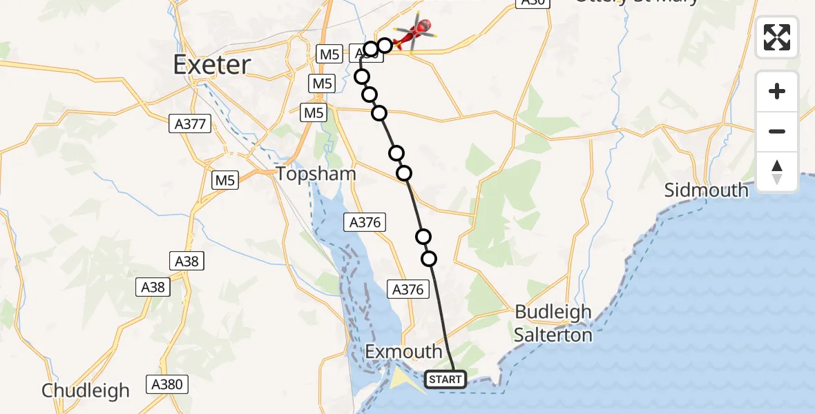 Flight route Air Ambulance Helicopter Exmouth - Exeter International Airport, 12 July 2026, 08:41