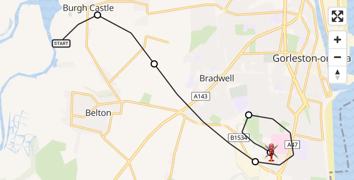 Flight route Air Ambulance Helicopter Great Yarmouth - James Paget Hospital, 12 July 2026, 08:57