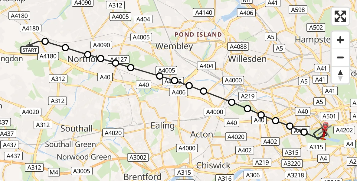 Flight route Air Ambulance Helicopter RAF Northolt - City of Westminster, 12 July 2026, 09:13