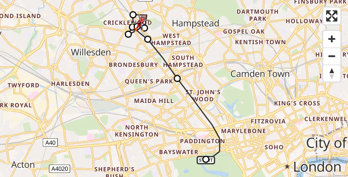 Flight route Air Ambulance Helicopter City of Westminster - West Hampstead, 12 July 2026, 09:25