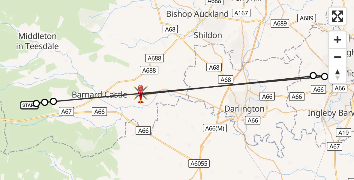 Flight route Air Ambulance Helicopter Lartington Moor Airstrip - Whorlton, 12 July 2026, 09:28