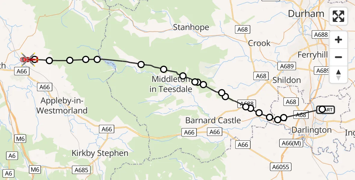 Flight route Air Ambulance Helicopter Barmpton - Culgaith, 12 July 2026, 09:33