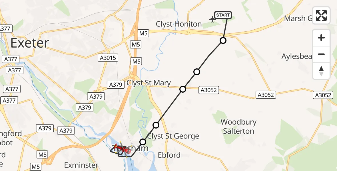 Flight route Air Ambulance Helicopter Exeter International Airport - Topsham, 12 July 2026, 09:43