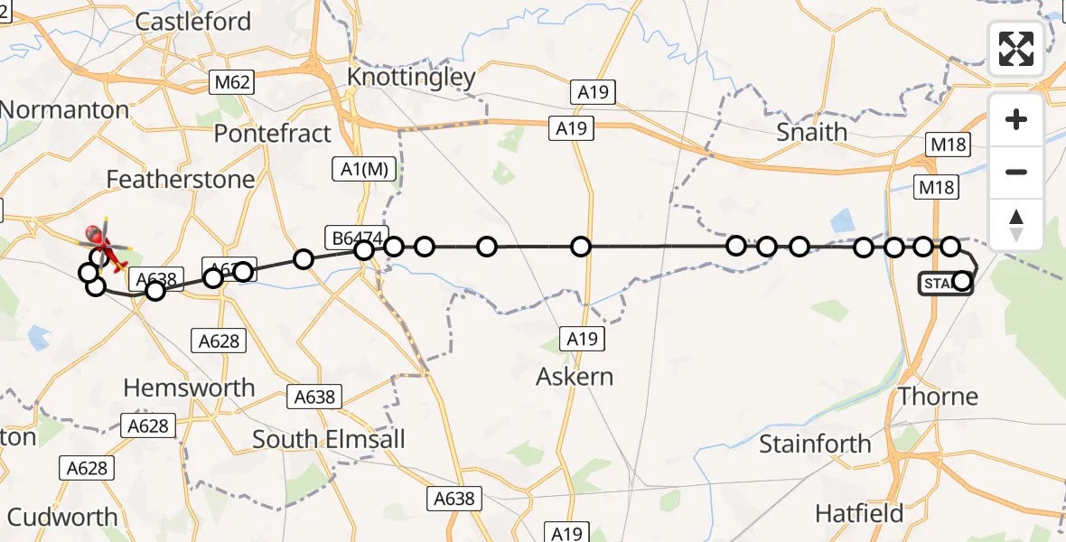 Flight route Air Ambulance Helicopter Moorends - YAA Nostell Helicopter Port, 12 July 2026, 09:47