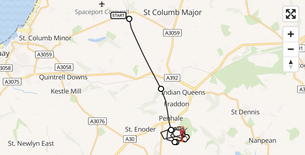 Flight route Air Ambulance Helicopter Cornwall Airport Newquay - Penhale, 12 July 2026, 10:01