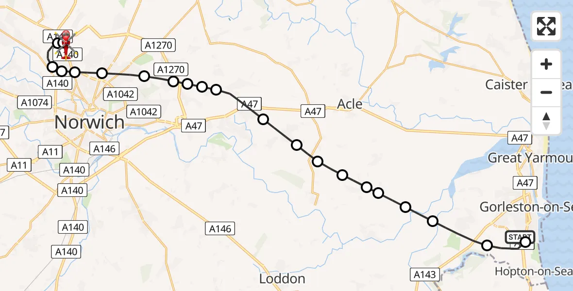 Flight route Air Ambulance Helicopter James Paget Hospital - Norwich Airport, 12 July 2026, 10:11