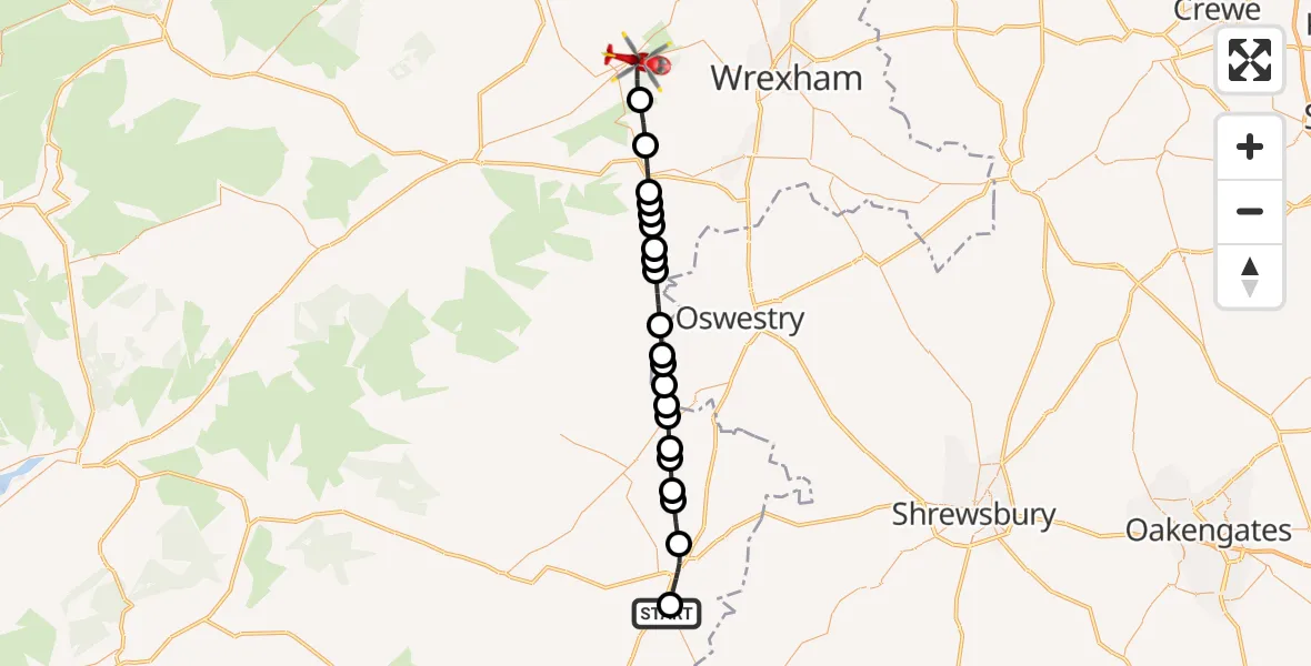Flight route Air Ambulance Helicopter Welshpool Airport - Llandegla, 12 July 2026, 10:18
