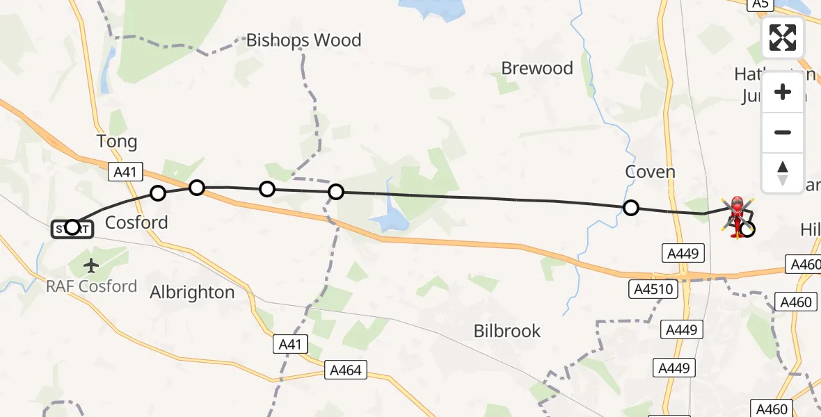 Flight route Air Ambulance Helicopter RAF Cosford - Featherstone, 12 July 2026, 10:31