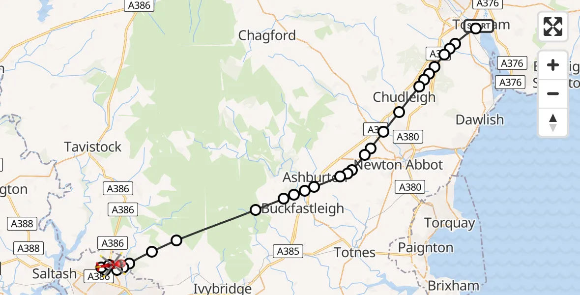 Flight route Air Ambulance Helicopter Topsham - Derriford Hospital, 12 July 2026, 10:36