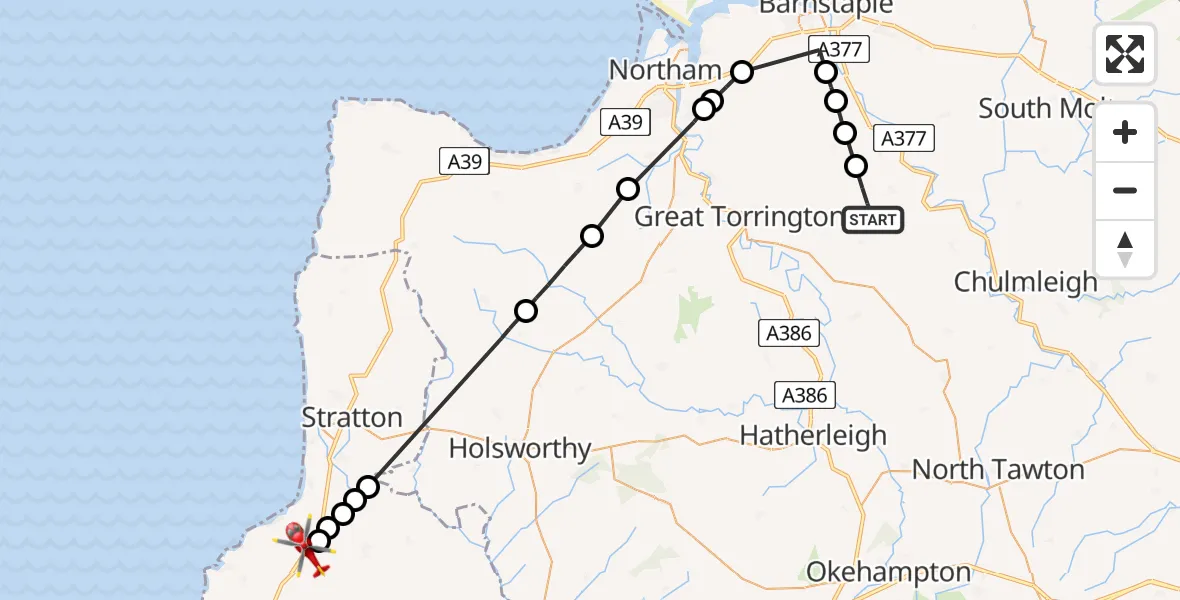 Flight route Air Ambulance Helicopter Torridge - Wainhouse Corner, 12 July 2026, 10:38