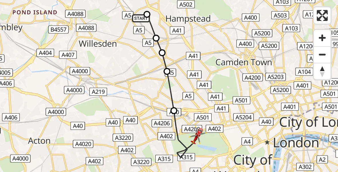 Flight route Air Ambulance Helicopter Camden - City of Westminster, 12 July 2026, 10:52