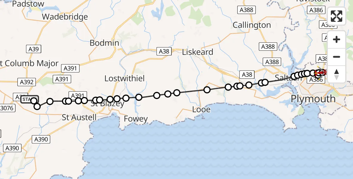Flight route Air Ambulance Helicopter Penhale - Derriford Hospital, 12 July 2026, 10:53