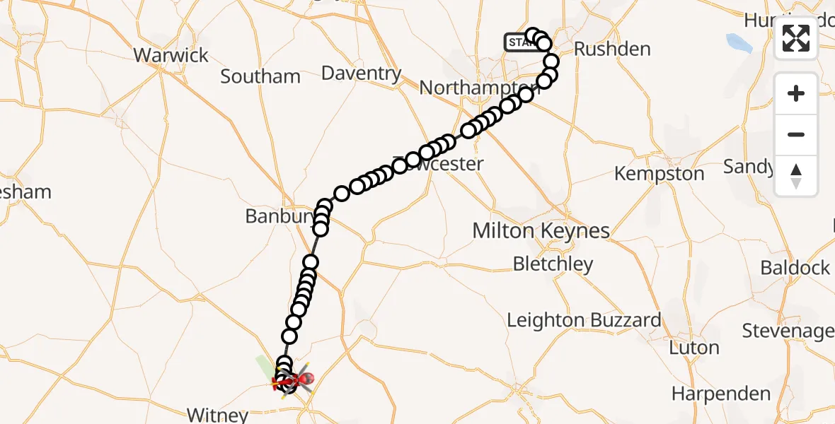 Flight route Air Ambulance Helicopter Sywell Aerodrome - London Oxford Airport, 12 July 2026, 10:58