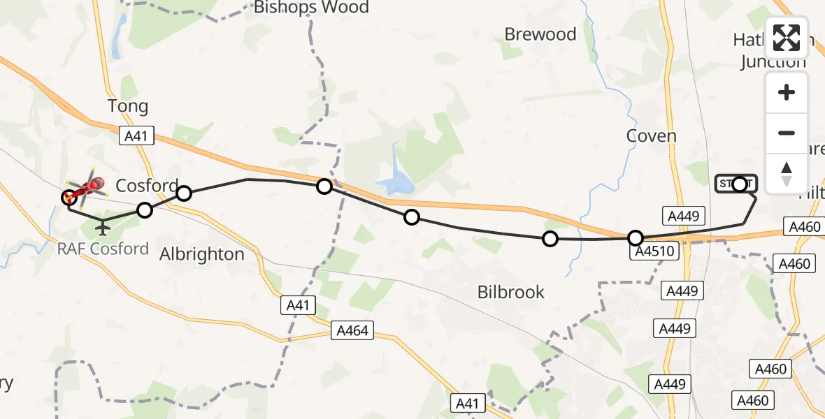 Flight route Air Ambulance Helicopter Featherstone - Cosford, 12 July 2026, 11:04