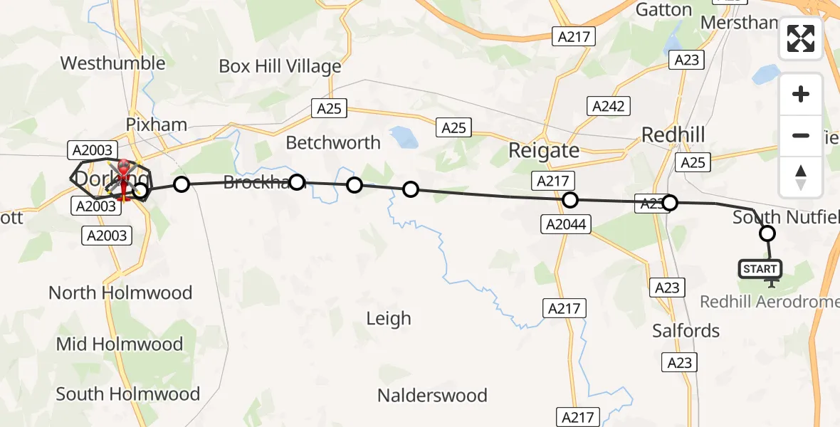 Flight route Air Ambulance Helicopter Redhill Aerodrome - Dorking, 12 July 2026, 11:05
