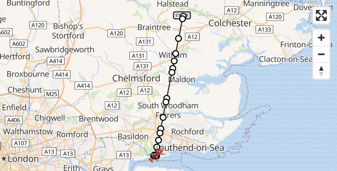 Flight route Air Ambulance Helicopter Earls Colne Airfield - Winter Gardens, 12 July 2026, 11:11