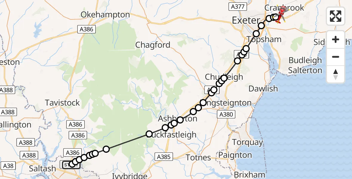 Flight route Air Ambulance Helicopter Derriford Hospital - Exeter International Airport, 12 July 2026, 11:15