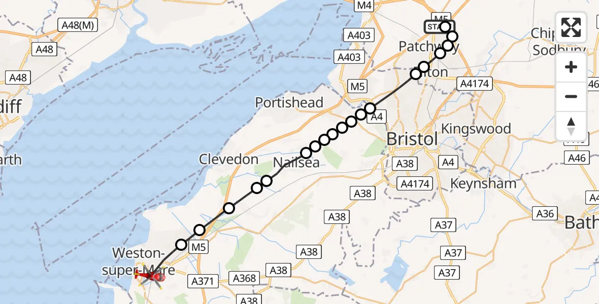 Flight route Air Ambulance Helicopter Almondsbury Helicopter Base - Weston-super-Mare, 12 July 2026, 11:21