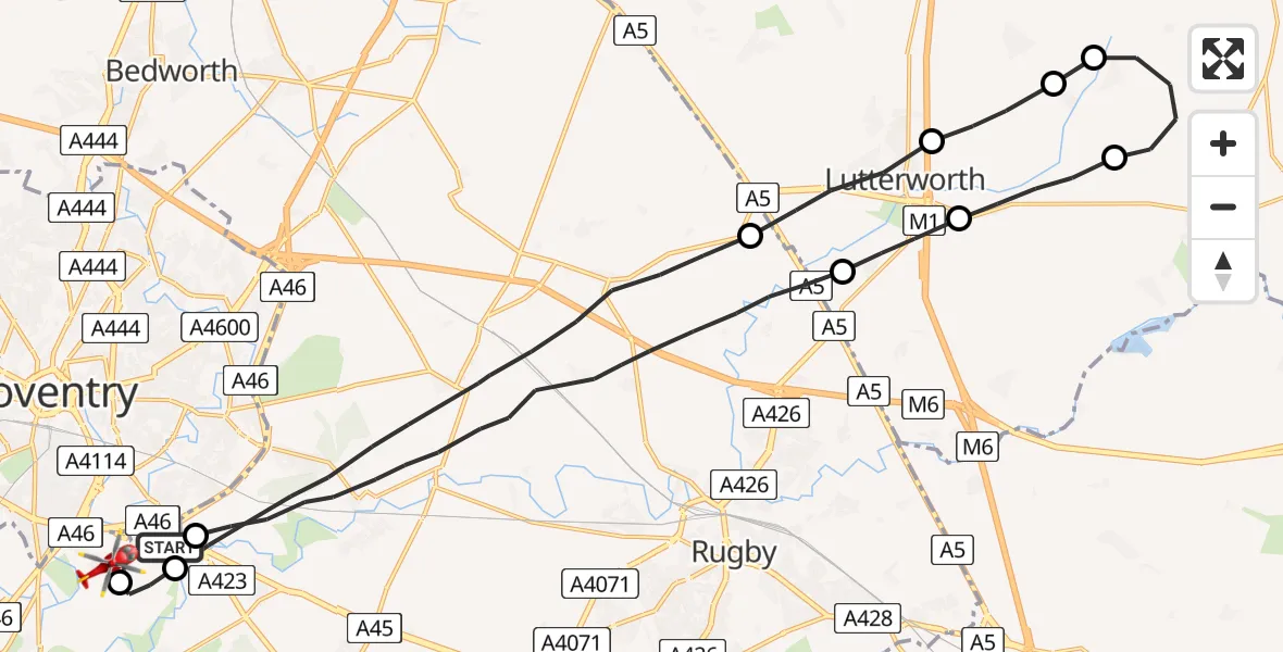 Flight route Air Ambulance Helicopter Coventry Airport - Warwick, 12 July 2026, 11:27