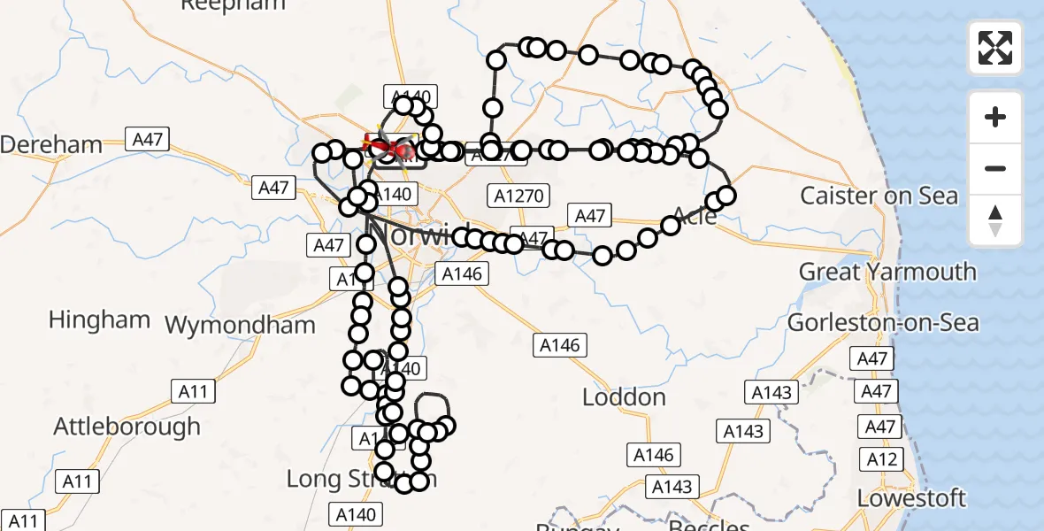 Flight route Air Ambulance Helicopter Norwich Airport - Horsford, 12 July 2026, 11:28