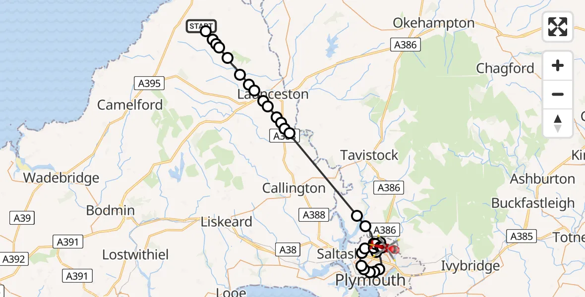 Flight route Air Ambulance Helicopter Jacobstow - Derriford Hospital, 12 July 2026, 11:35