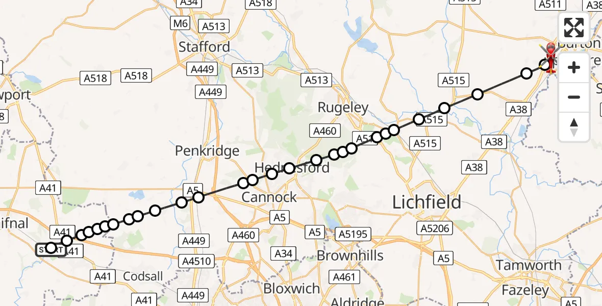 Flight route Air Ambulance Helicopter RAF Cosford - Branston, 12 July 2026, 11:37