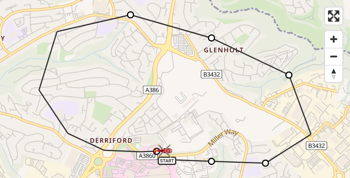 Flight route Air Ambulance Helicopter Derriford Hospital - Crownhill, 12 July 2026, 11:48