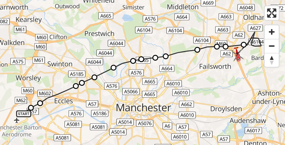 Flight route Air Ambulance Helicopter Manchester Barton Aerodrome - Oldham, 12 July 2026, 12:04