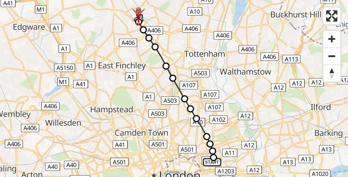 Flight route Air Ambulance Helicopter Royal London Hospital - Brunswick Park, 12 July 2026, 12:13