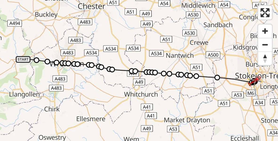 Flight route Air Ambulance Helicopter Llandegla - University Hospital North Staffs, 12 July 2026, 12:14