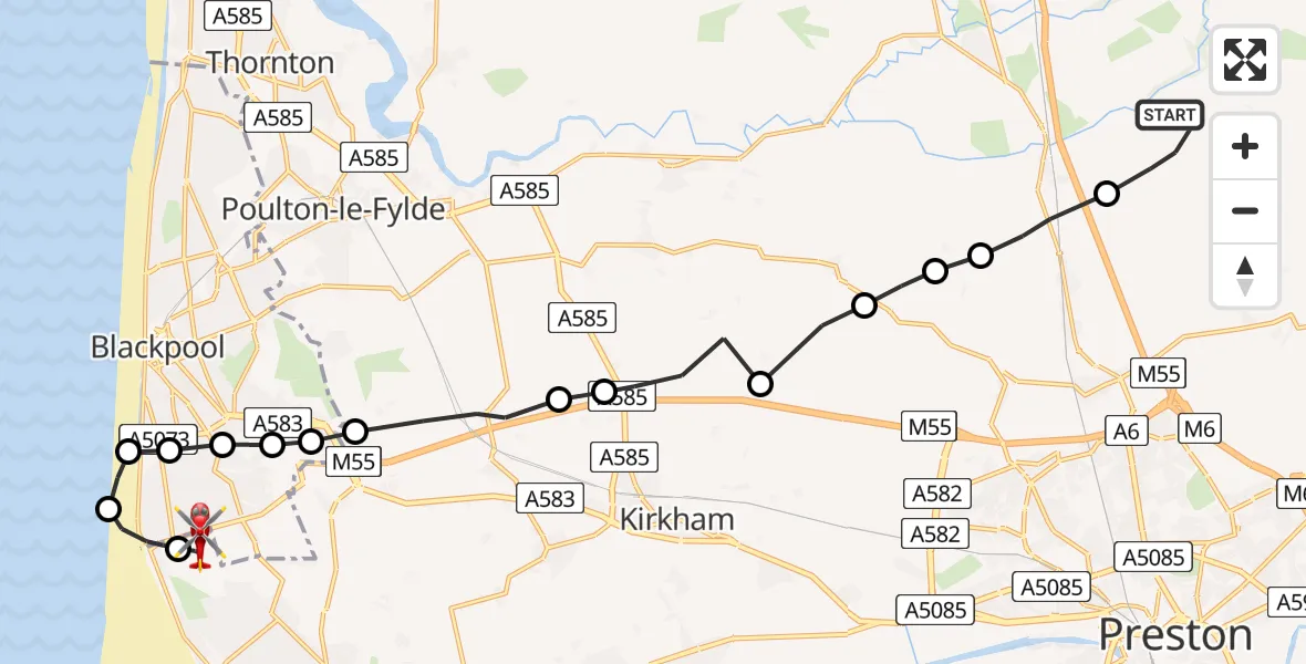 Flight route Air Ambulance Helicopter Preston - Blackpool Airport, 12 July 2026, 12:18