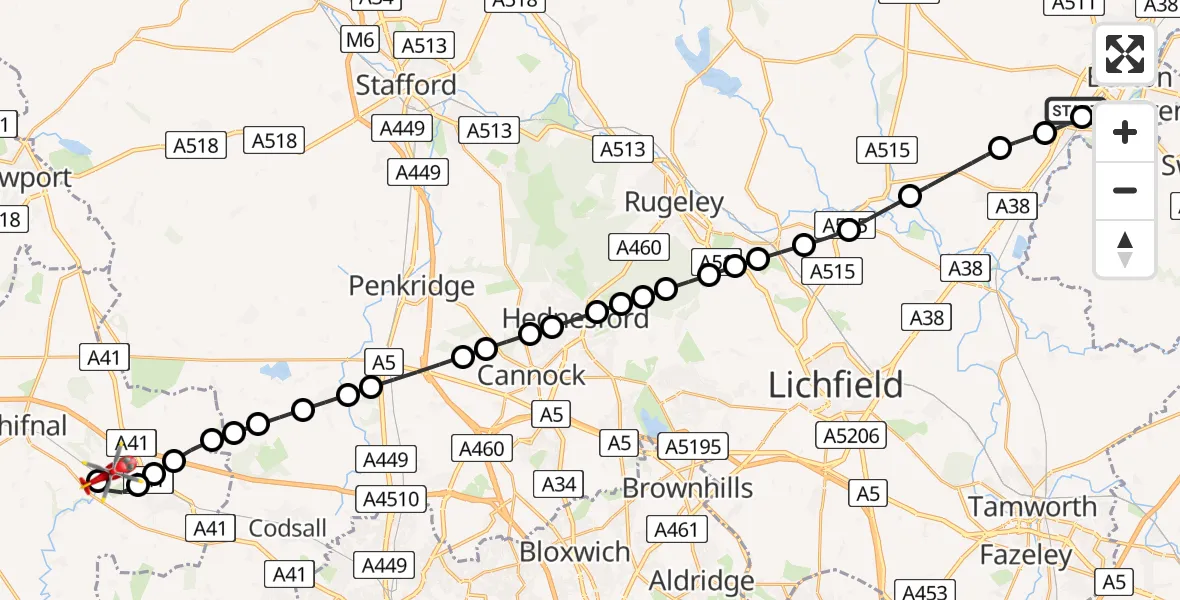 Flight route Air Ambulance Helicopter Branston - Cosford, 12 July 2026, 12:19