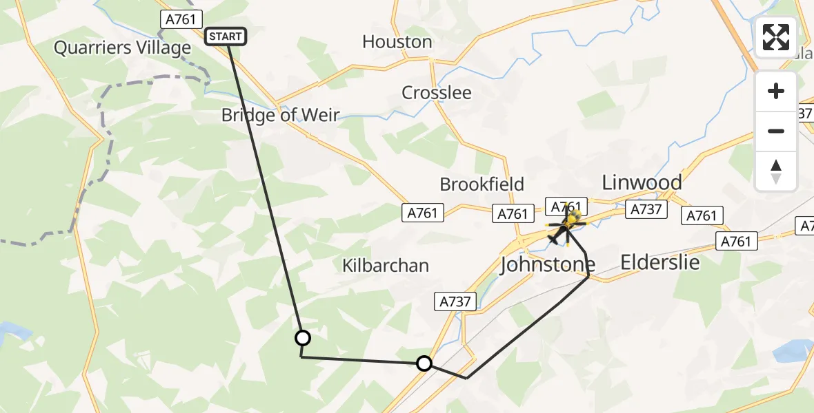 Flight route Police Helicopter Bridge of Weir - Johnstone, 12 July 2026, 12:20