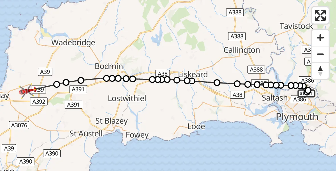 Flight route Air Ambulance Helicopter Derriford Hospital - St. Columb Major, 12 July 2026, 12:23