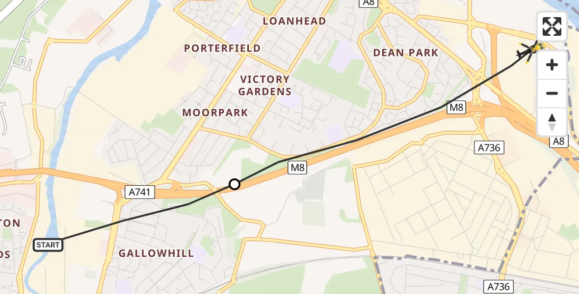 Flight route Police Helicopter Paisley - Renfrew, 12 July 2026, 12:25