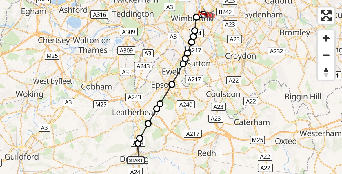 Flight route Air Ambulance Helicopter Dorking - St Georges Hospital, 12 July 2026, 12:26