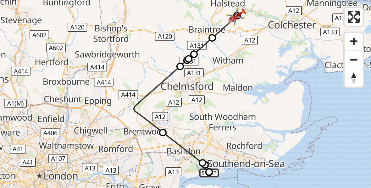 Flight route Air Ambulance Helicopter Winter Gardens - Earls Colne Airfield, 12 July 2026, 12:27