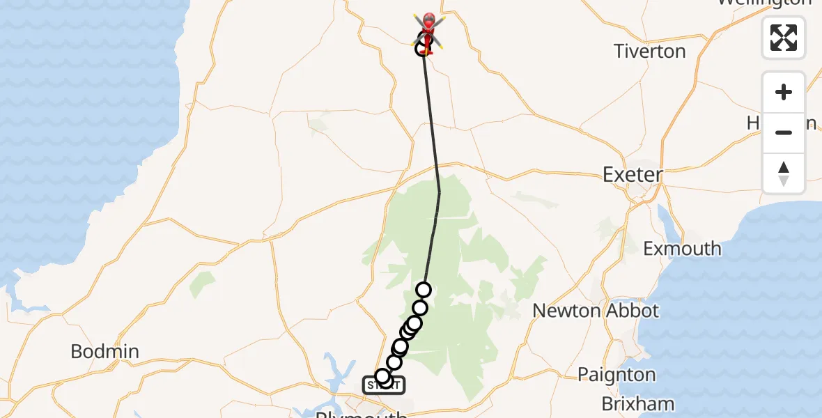 Flight route Air Ambulance Helicopter Glenholt - Roborough, 12 July 2026, 12:28