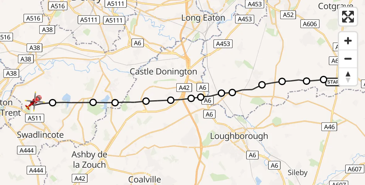 Flight route Air Ambulance Helicopter Willoughby on the Wolds - Bretby, 12 July 2026, 12:30