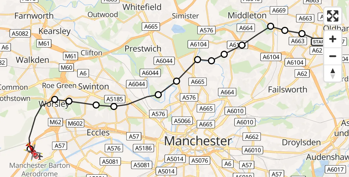 Flight route Air Ambulance Helicopter Chadderton - Irlam, 12 July 2026, 12:50