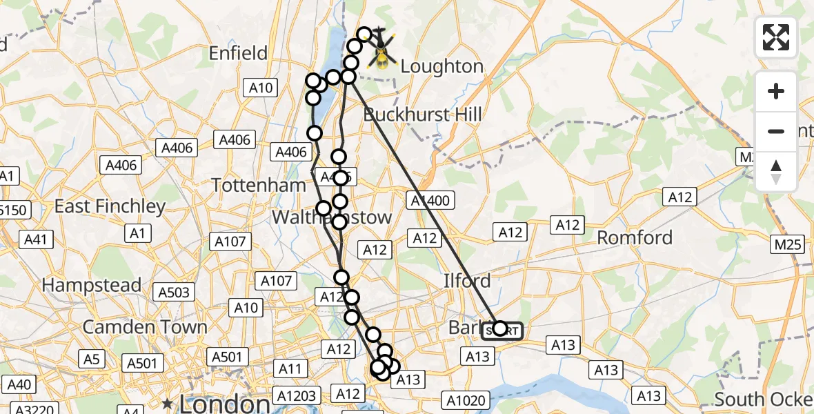 Flight route Police Helicopter Thames View - Sewardstonebury, 12 July 2026, 12:50