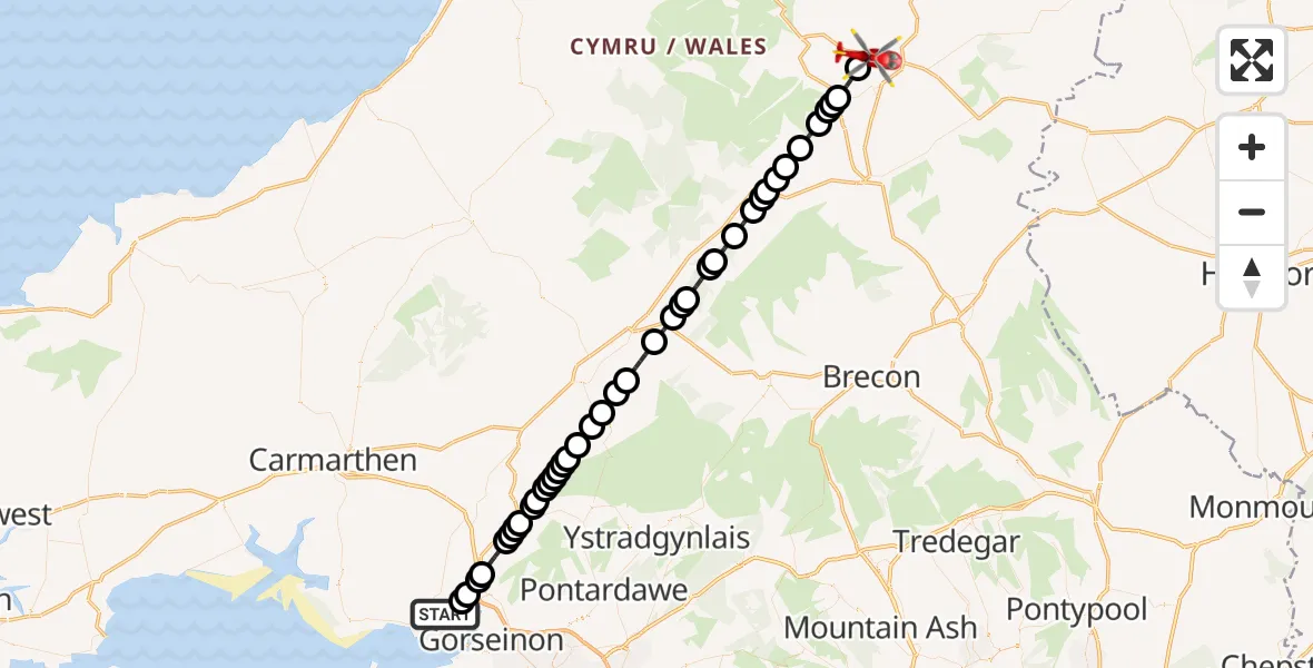 Flight route Air Ambulance Helicopter Dafen - Nantmel, 12 July 2026, 12:50