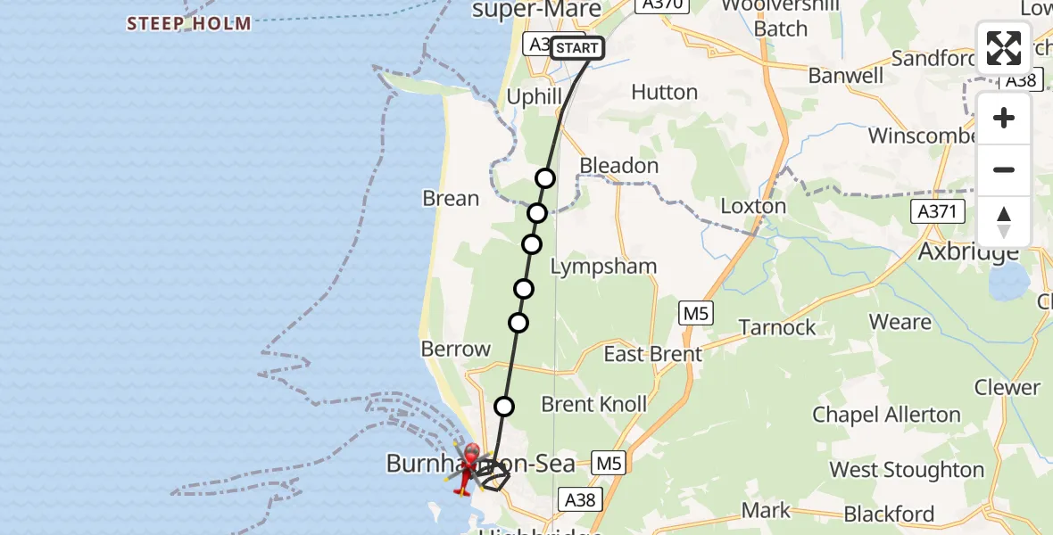 Flight route Air Ambulance Helicopter Weston-super-Mare - Burnham-on-Sea, 12 July 2026, 12:52