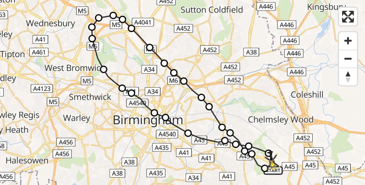 Flight route Police Helicopter Birmingham Airport - Solihull, 12 July 2026, 12:52