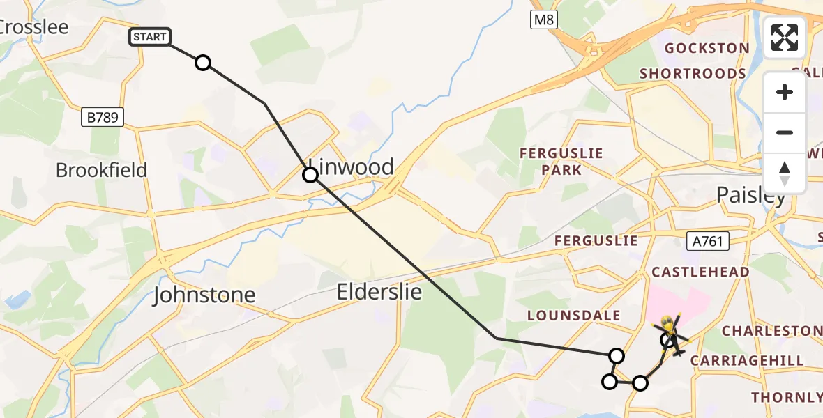 Flight route Police Helicopter Johnstone - Royal Alexandria Hospital Paisley, 12 July 2026, 12:53