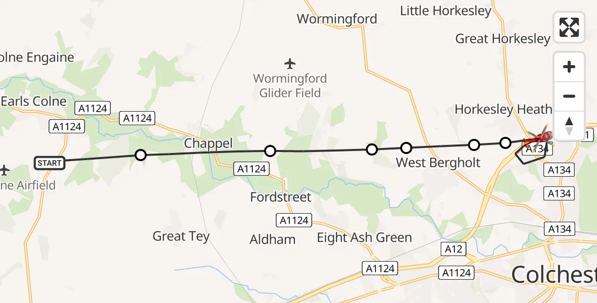 Flight route Air Ambulance Helicopter Braintree - Colchester, 12 July 2026, 12:54