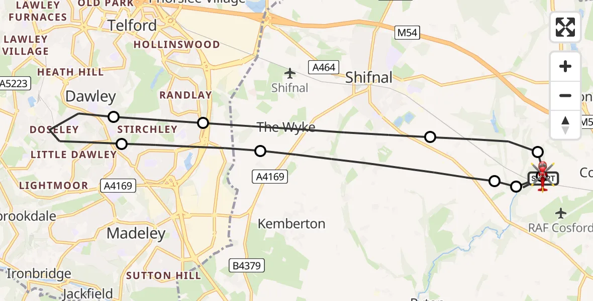Flight route Air Ambulance Helicopter RAF Cosford - Cosford, 12 July 2026, 12:57